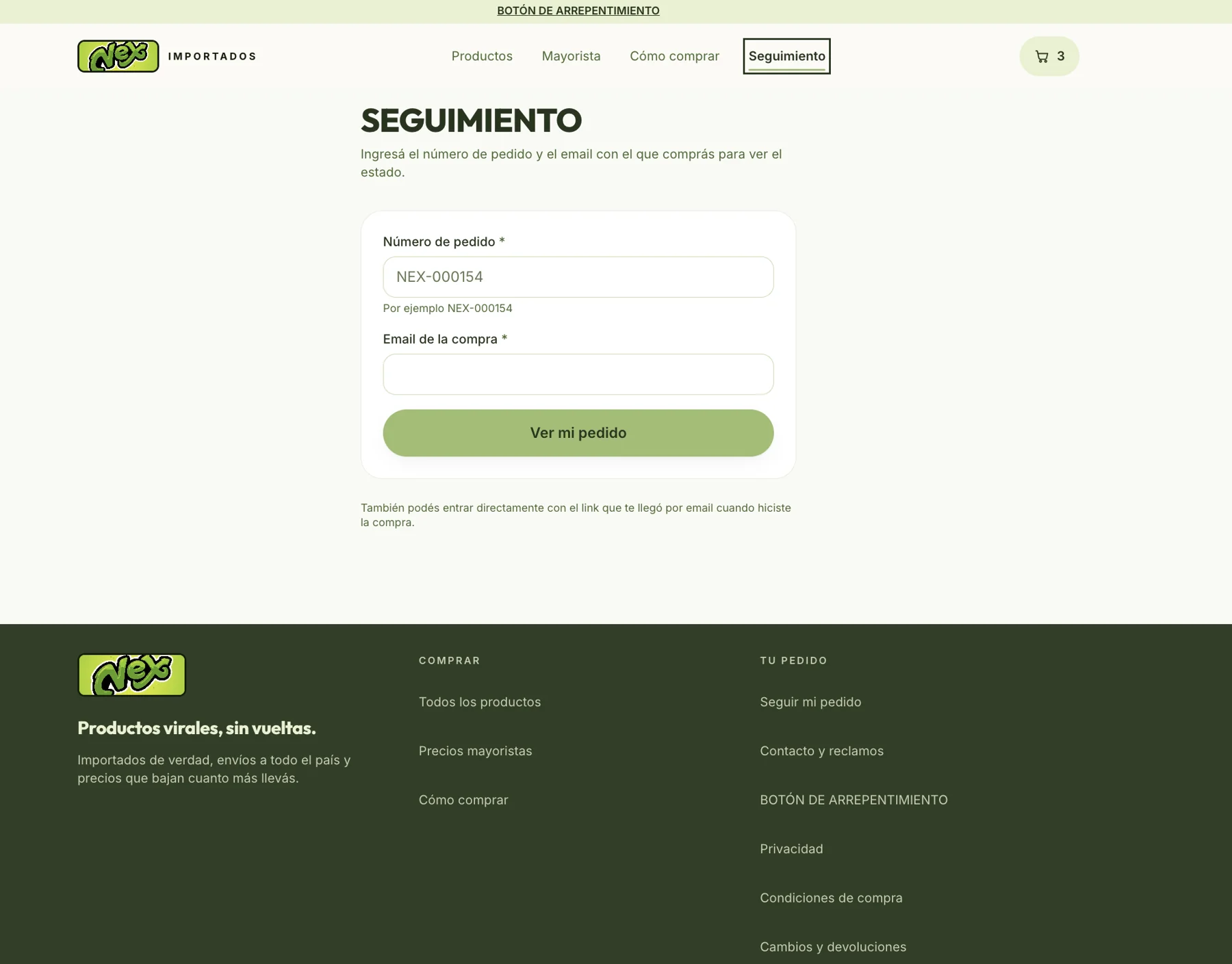 NEX Importados — Customer order lookup