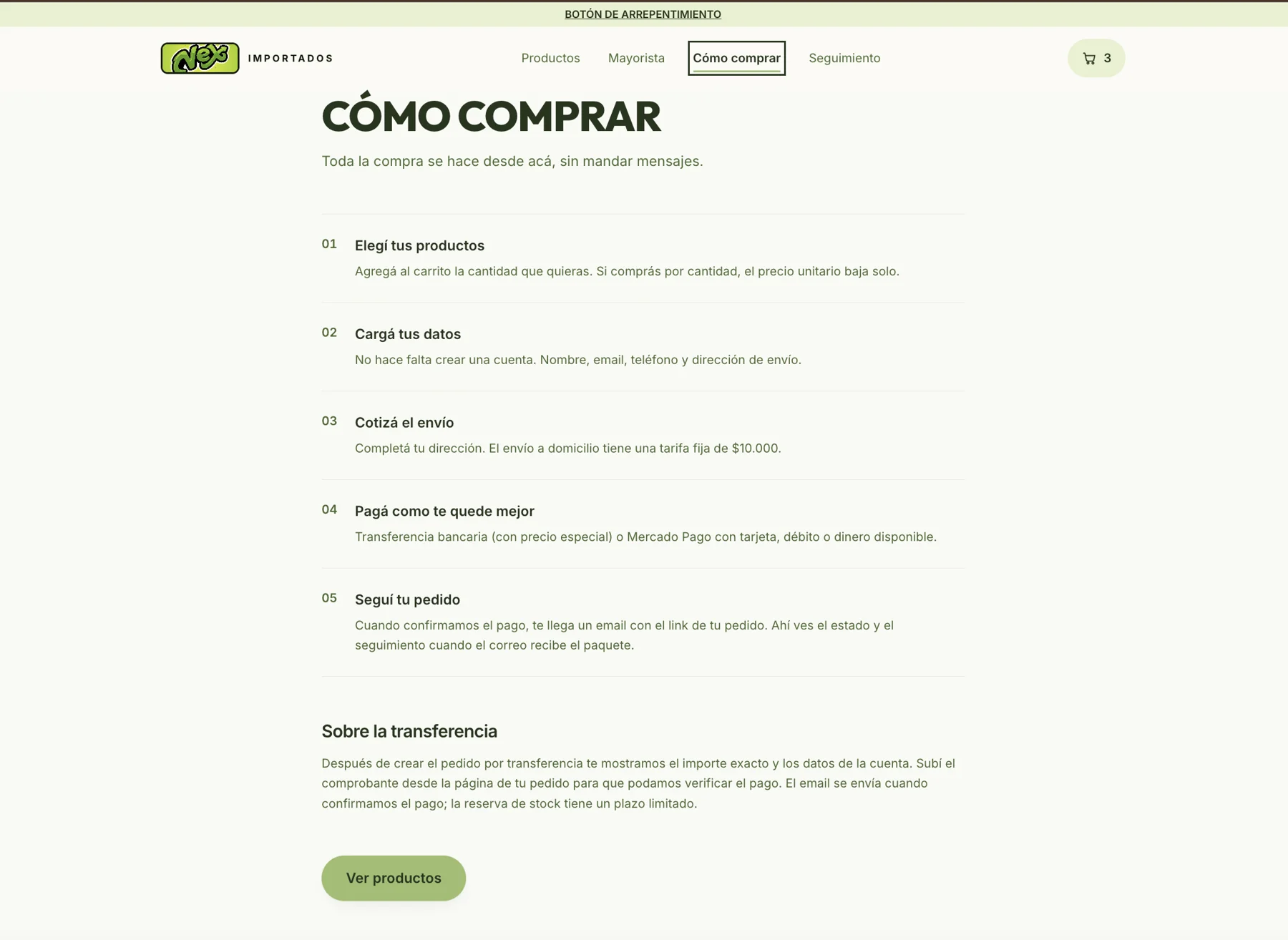 NEX Importados — Transfer payment information